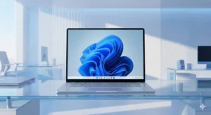 최신 윈도우 11 바탕화면이 실행된 모던한 디자인의 노트북 이미지