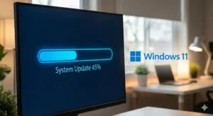 윈도우 11 시스템 업데이트 진행률 45%가 표시된 모니터 화면