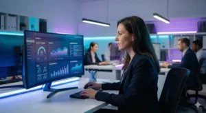 E-E-A-T SEO 전문가가 구글 알고리즘 분석 지표를 확인하는 모습