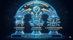 2026년 구글 SEO의 핵심 기준인 경험(Experience), 전문성(Expertise), 권위성(Authoritativeness)의 세 기둥이 어떻게 신뢰성(Trustworthiness)을 받치고 있는지 보여주는 구조적 인포그래픽.