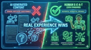 2026년 구글 검색 엔진이 선호하는 사람의 실전 경험(E-E-A-T) 콘텐츠와 평이한 AI 생성 콘텐츠를 시각적으로 비교하여 신뢰성과 권위성의 중요성을 강조하는 인포그래픽 이미지.