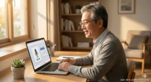 시니어가 음성 명령으로 챗GPT 에이전트를 사용하는 편안한 모습