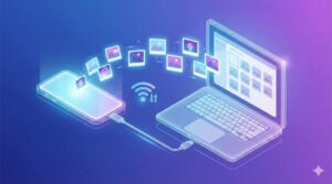 핸드폰에서 컴퓨터로 사진을 전송하는 모습을 보여주는 일러스트