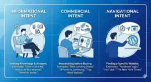 검색 의도 3가지 유형 인포그래픽: 정보성, 상업성, 탐색성