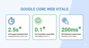 구글 코어 웹 바이탈 3가지 지표 LCP CLS INP 기준 설명 인포그래픽