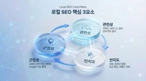 로컬 SEO 순위 결정 3대 요소인 근접성, 관련성, 인지도가 서로 연결되어 검색 순위에 영향을 미치는 모습을 보여주는 다이어그램