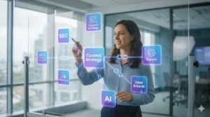 7단계 구축 가이드에 따라 토픽 클러스터와 콘텐츠 전략을 설계하고 있는 전문 디지털 마케터의 모습