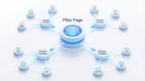 중심이 되는 필라 페이지와 여러 개의 세부 클러스터 페이지가 내부 링크로 연결된 토픽 클러스터의 시각적 구조도