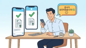 AI 국민비서 전자증명서 발급 기능 — 스마트폰 카카오톡 대화 한 마디로 증명서를 즉시 발급받는 직장인 플랫 일러스트