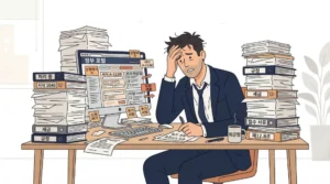 AI 국민비서 도입 전 복잡한 민원 처리 — 서류 더미에 지친 직장인을 표현한 플랫 일러스트